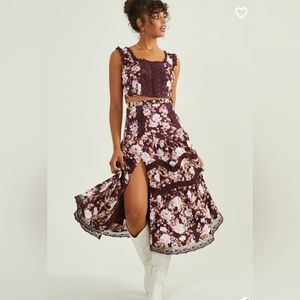 NWT Lacinda Floral Corset Top and Midi Skirt Set Burgundy Floral XS